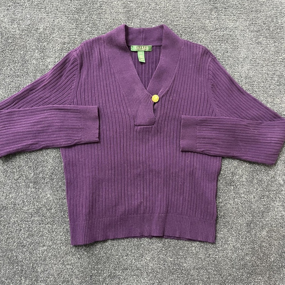 Lauren Ralph Lauren Sweater Womens Petite Large Purple Ribbed Cotton Pullover